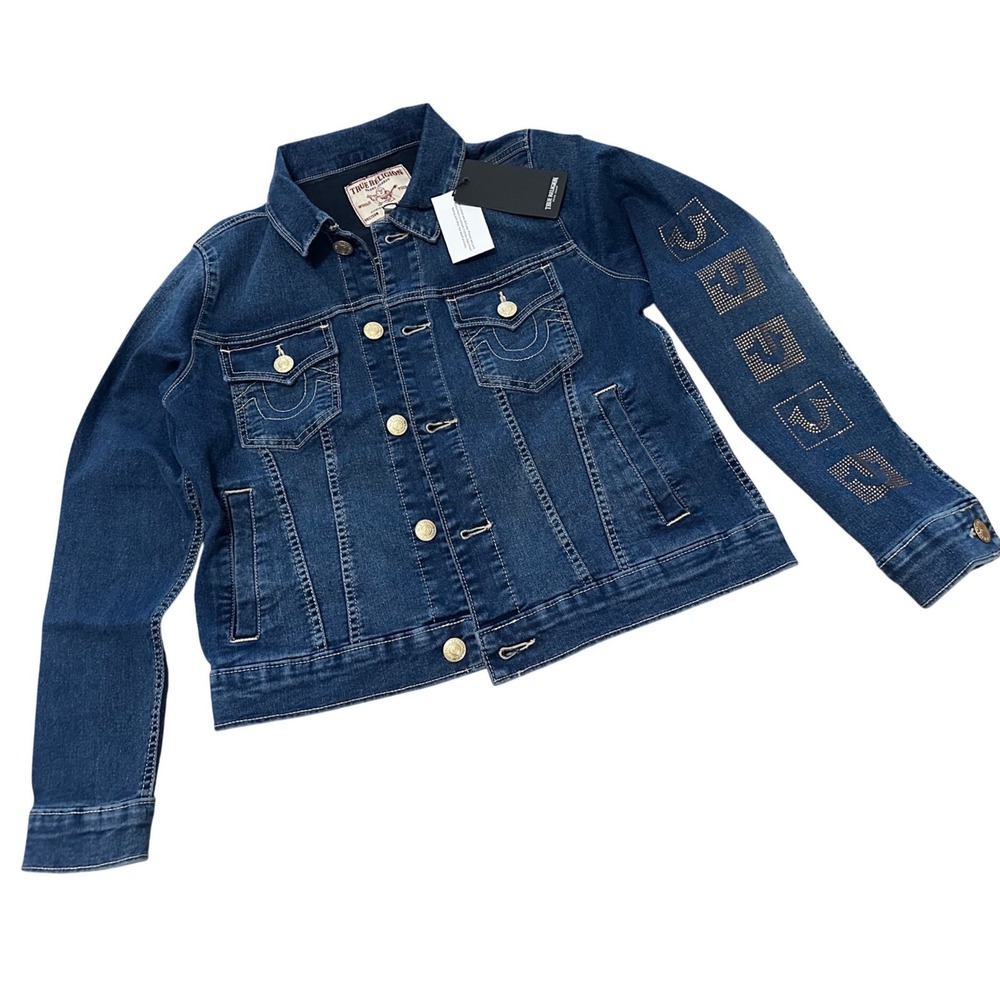 True Religion Women's Crystal Sleeve Denim Trucker Jacket Dark Wash Blue NWT L